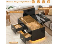 Mesa de centro elevable lacada en alto brillo - 100 x 45 x 43 cm - con 2 cajones + LED + espacio de almacenamiento oculto - tablero de partículas - negro