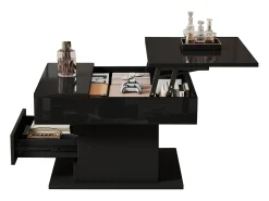 Mesa de centro elevable 70x70x45cm - Tablero giratorio 360° - con 1 cajón - Almacenamiento oculto - Acabado brillante - Negro