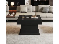 Mesa de centro elevable 70x70x45cm - Tablero giratorio 360° - con 1 cajón - Almacenamiento oculto - Acabado brillante - ​​Negro​
