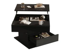 Mesa de centro elevable 70x70x45cm - Tablero giratorio 360° - con 1 cajón - Almacenamiento oculto - Acabado brillante - ​​Negro​
