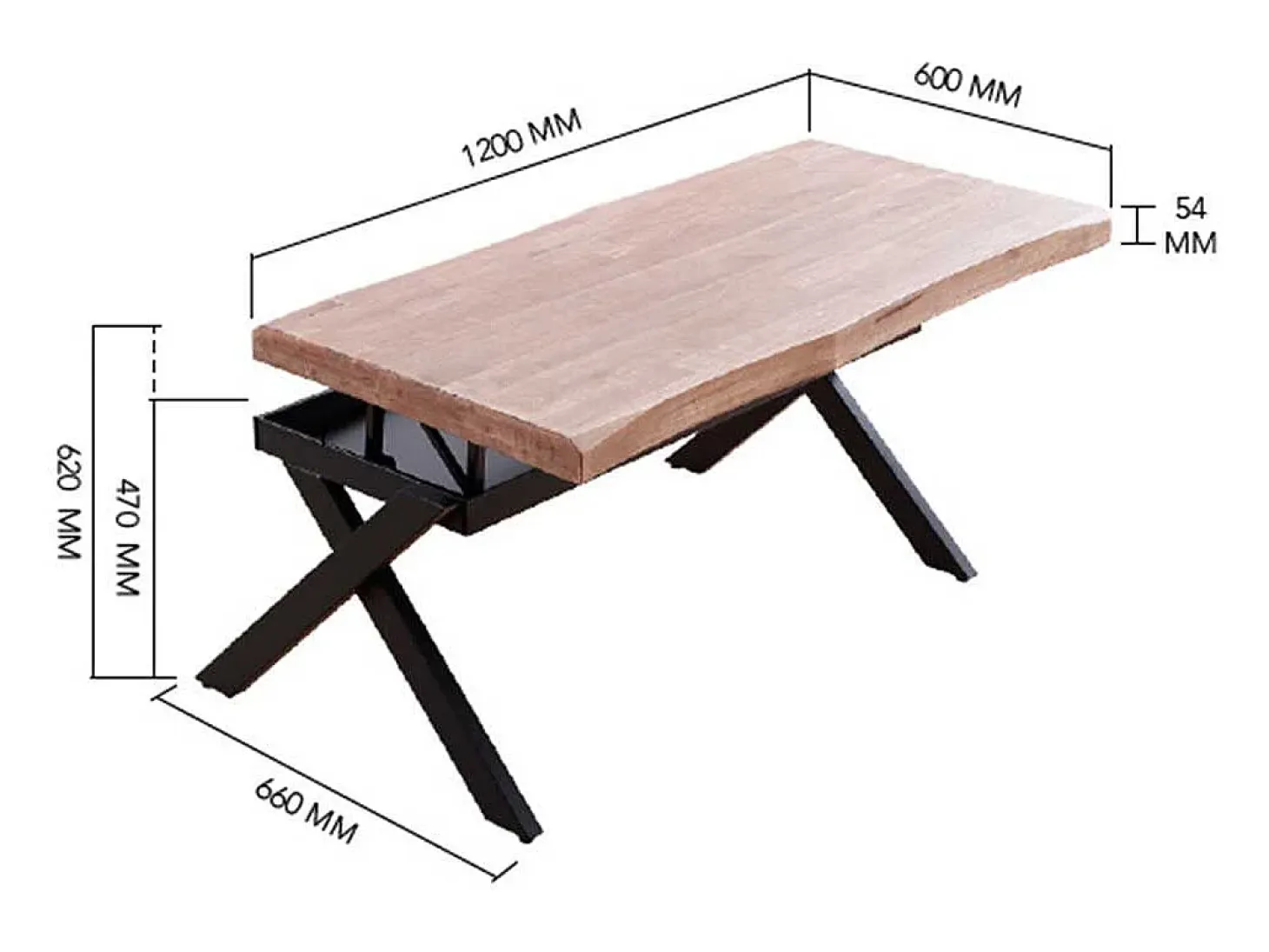 Mesa de centro elevable Xena tapa irregular con hueco de almacenaje roble Nordish/negro 47-62x120x60-66 cm Adec