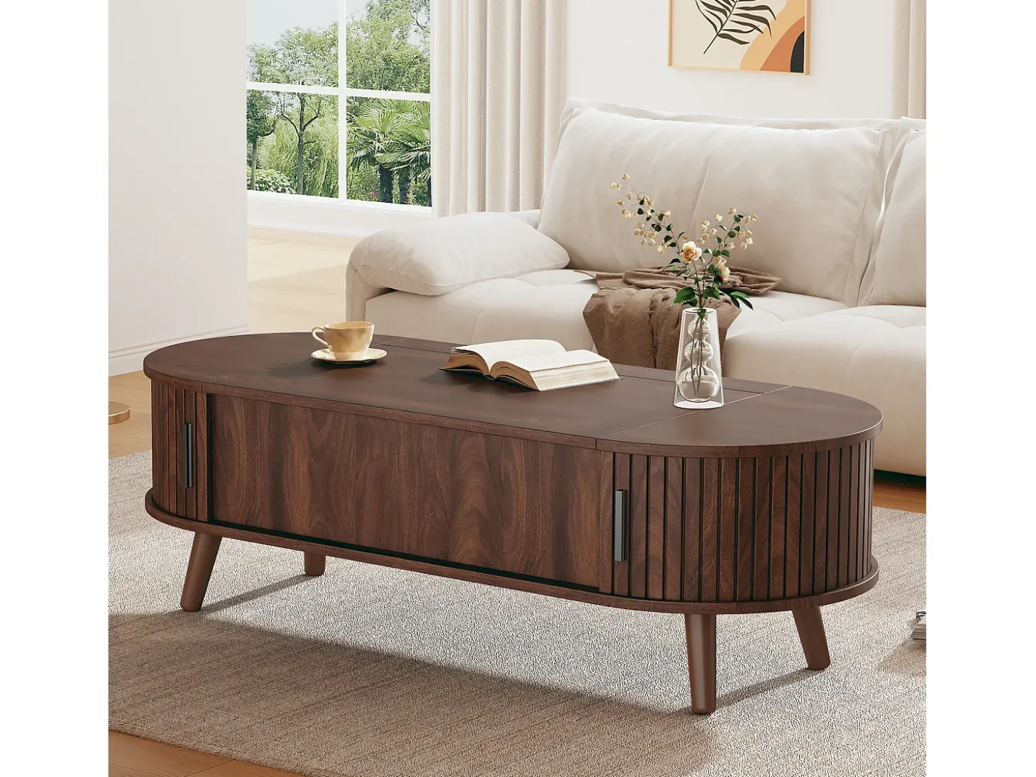 Mesa de centro elevable 120x50x39,5 cm - 2 puertas - Almacenamiento oculto - Patas de madera maciza - Marrón