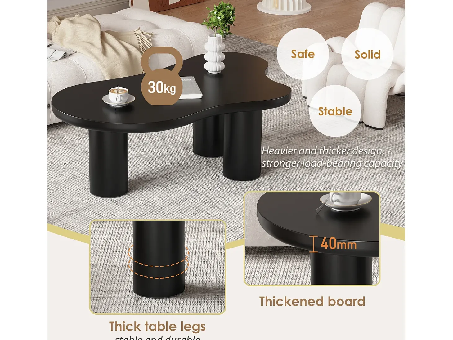 Mesa de centro en MDF y PVC - tapa irregular en forma de nube - Negro