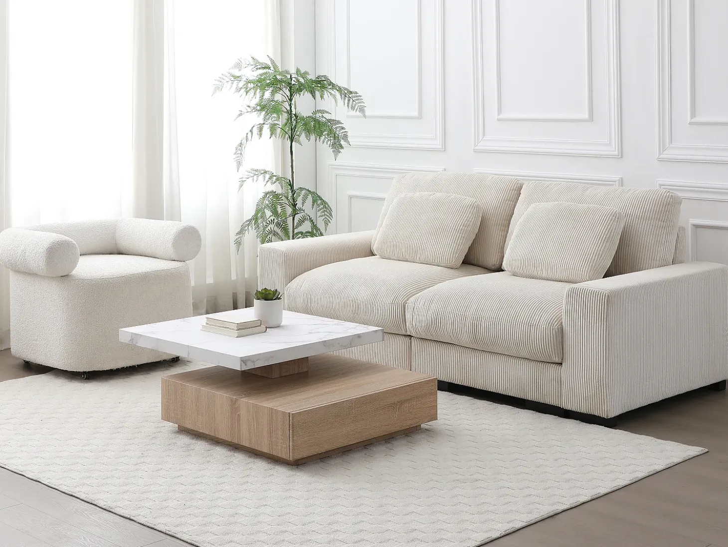 Mesa de centro giratoria con 1 cajón de MDF - Efecto mármol blanco y Natural - KYRIA