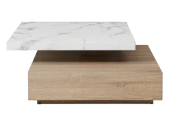 Mesa de centro giratoria con 1 cajón de MDF - Efecto mármol blanco y Natural - KYRIA