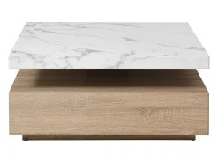 Mesa de centro giratoria con 1 cajón de MDF - Efecto mármol blanco y Natural - KYRIA