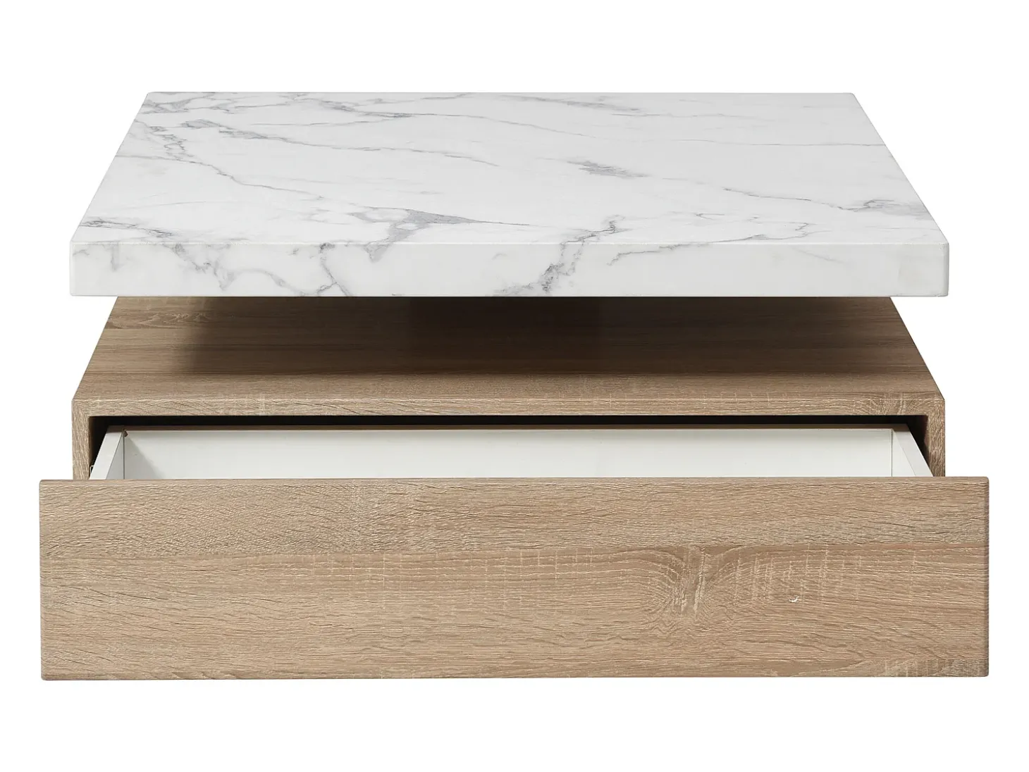 Mesa de centro giratoria con 1 cajón de MDF - Efecto mármol blanco y Natural - KYRIA