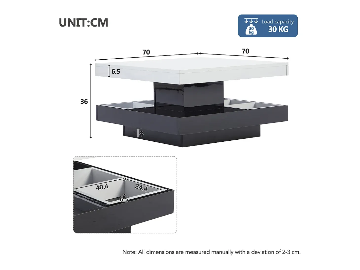 Mesa de centro giratoria con almacenaje, tablero lacado brillante - Blanco y negro