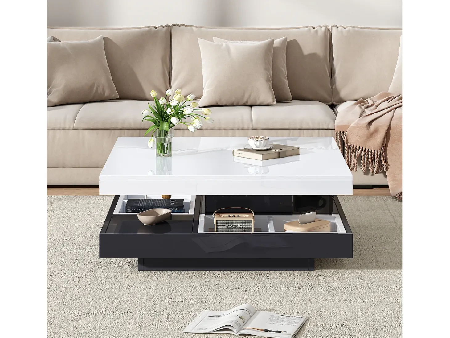 Mesa de centro giratoria con almacenaje, tablero lacado brillante - Blanco y negro