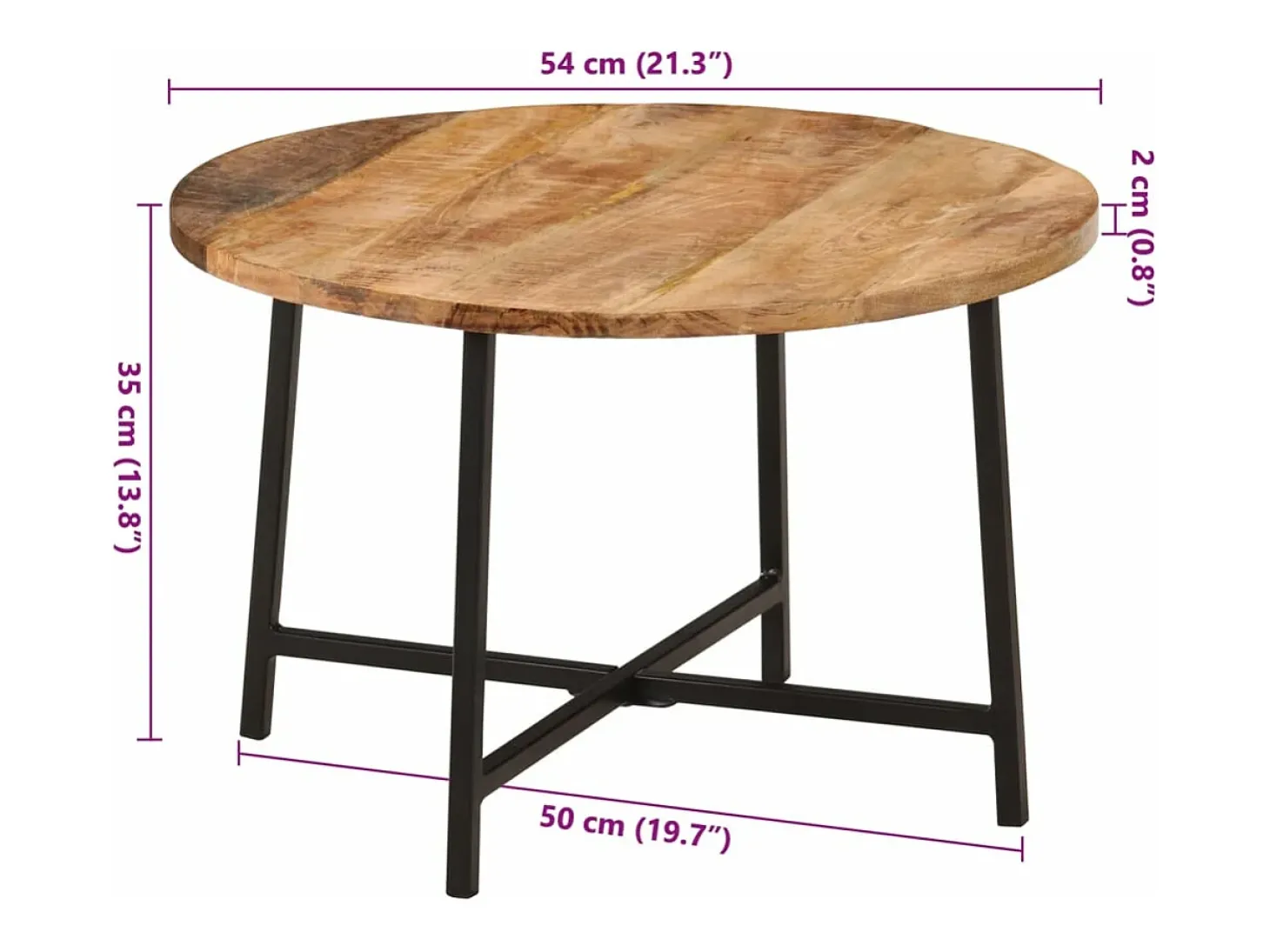 Mesa de centro hierro y madera maciza de mango 54x54x35 cm