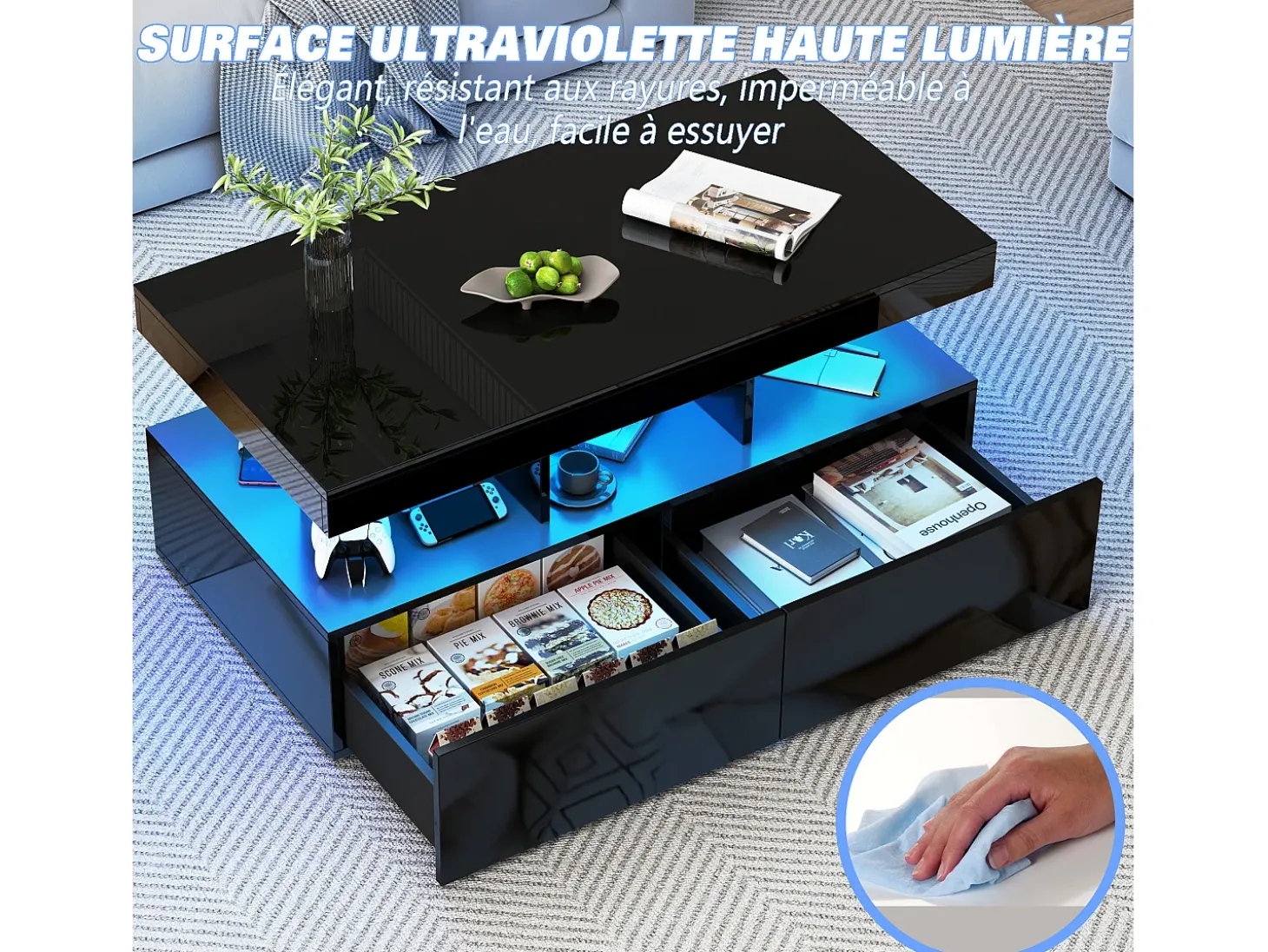 Mesa de centro inteligente con LED RGB: dos cajones, regulador de intensidad controlado por app, acabado brillante e impermeable, compatible con música.