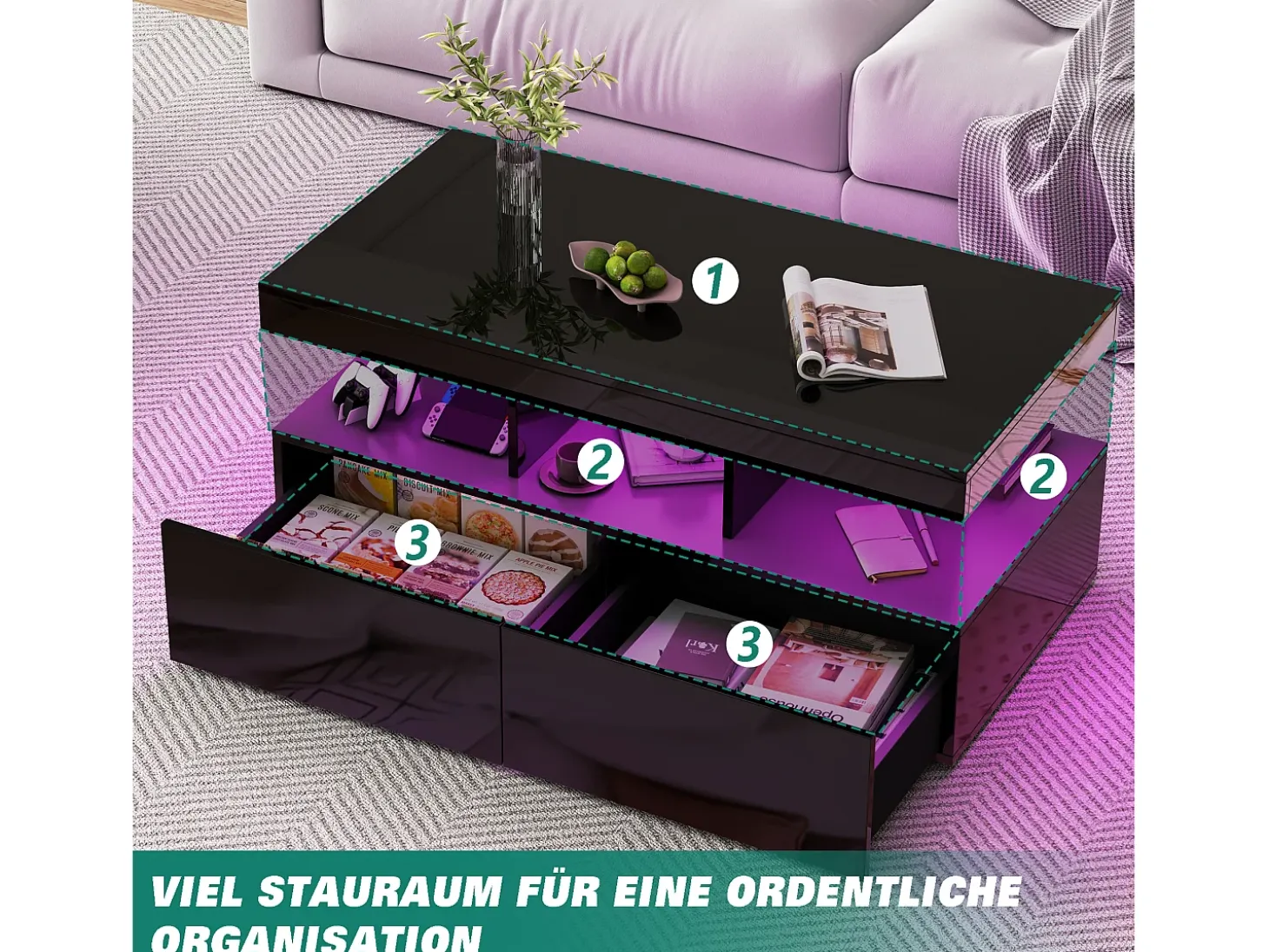 Mesa de centro inteligente con LED RGB: dos cajones, regulador de intensidad controlado por app, acabado brillante e impermeable, compatible con música.