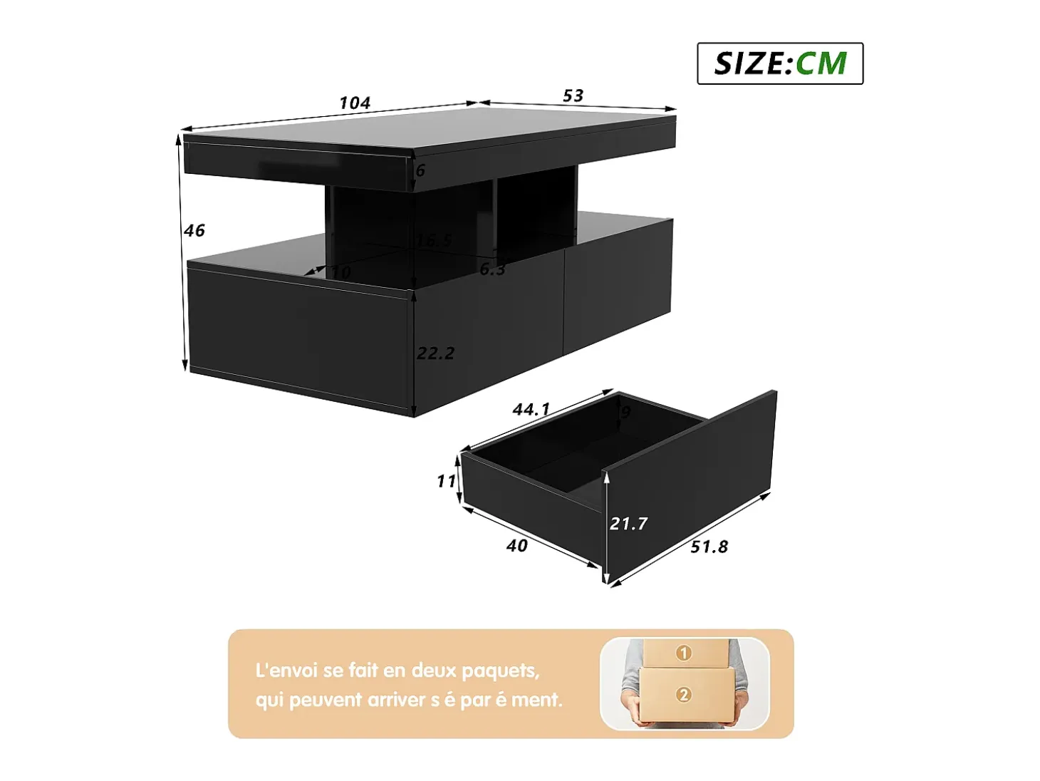 Mesa de centro inteligente con LED RGB: dos cajones, regulador de intensidad controlado por app, acabado brillante e impermeable, compatible con música.