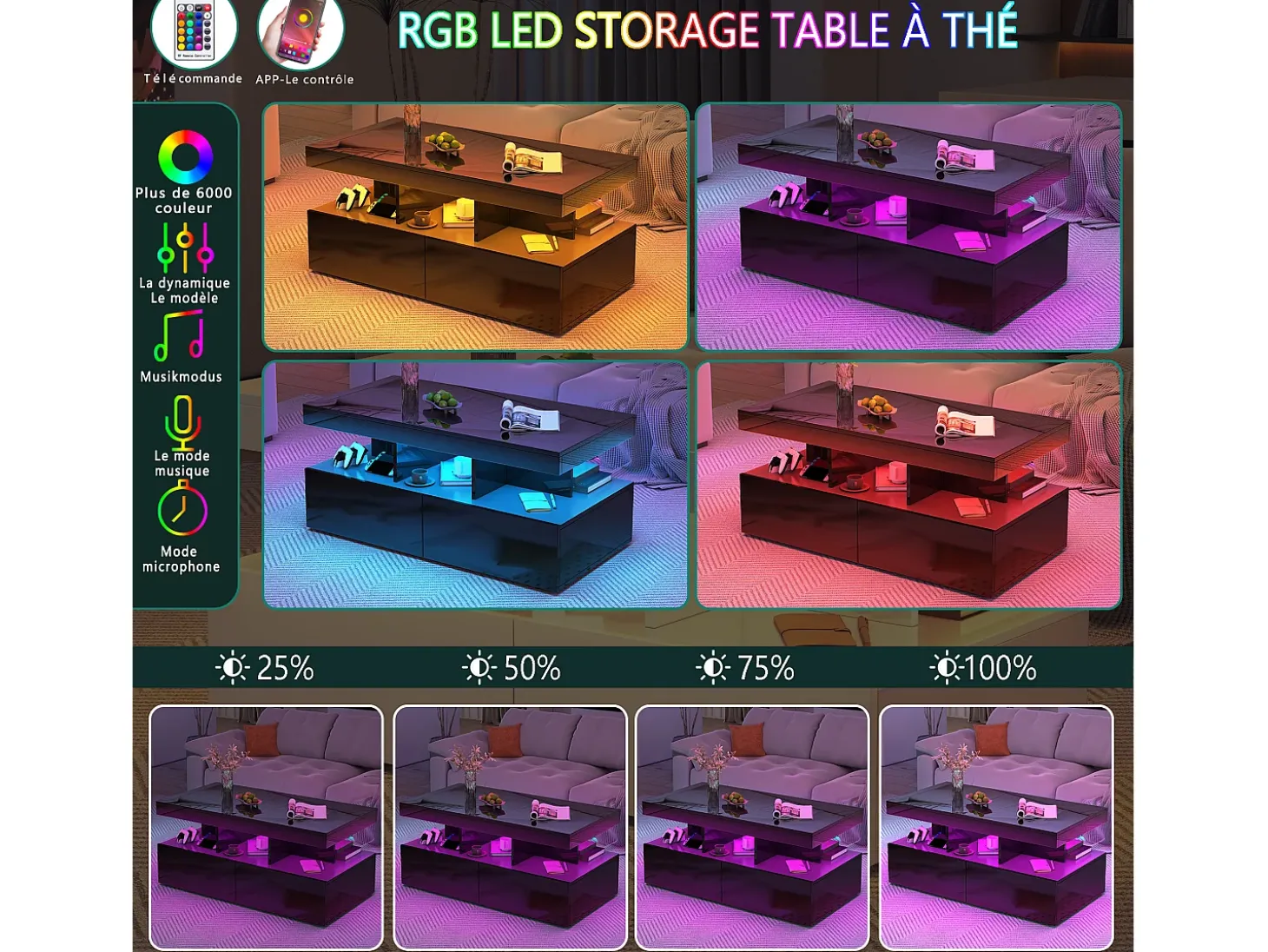 Mesa de centro inteligente con LED RGB: dos cajones, regulador de intensidad controlado por app, acabado brillante e impermeable, compatible con música.
