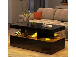 Mesa de centro inteligente con LED RGB: dos cajones, regulador de intensidad controlado por app, acabado brillante e impermeable, compatible con música.