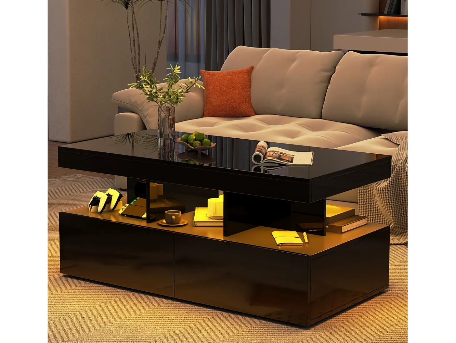 Mesa de centro inteligente con LED RGB: dos cajones, regulador de intensidad controlado por app, acabado brillante e impermeable, compatible con música.