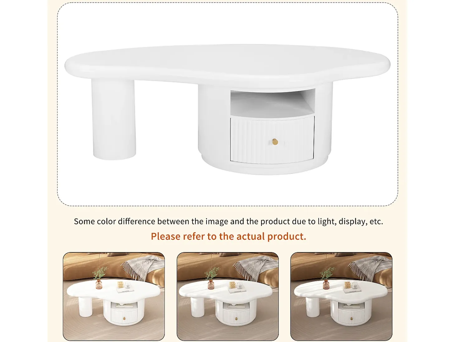 Mesa de centro irregular con 1 cajón y compartimento abierto - 110 x 60 x 37,5 cm - Tapa de MDF - Blanco