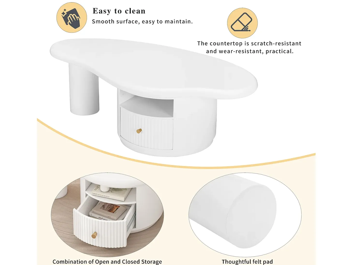 Mesa de centro irregular con 1 cajón y compartimento abierto - 110 x 60 x 37,5 cm - Tapa de MDF - Blanco