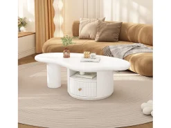 Mesa de centro irregular con 1 cajón y compartimento abierto - 110 x 60 x 37,5 cm - Tapa de MDF - Blanco