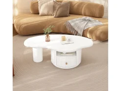 Mesa de centro irregular con 1 cajón y compartimento abierto - 110 x 60 x 37,5 cm - Tapa de MDF - Blanco