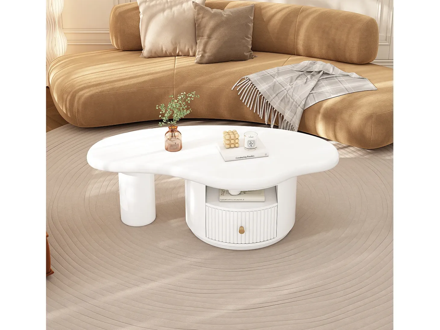 Mesa de centro irregular con 1 cajón y compartimento abierto - 110 x 60 x 37,5 cm - Tapa de MDF - Blanco