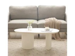 Mesa de centro irregular blanca de 100 cm con base cilíndrica estable, en MDF lacado