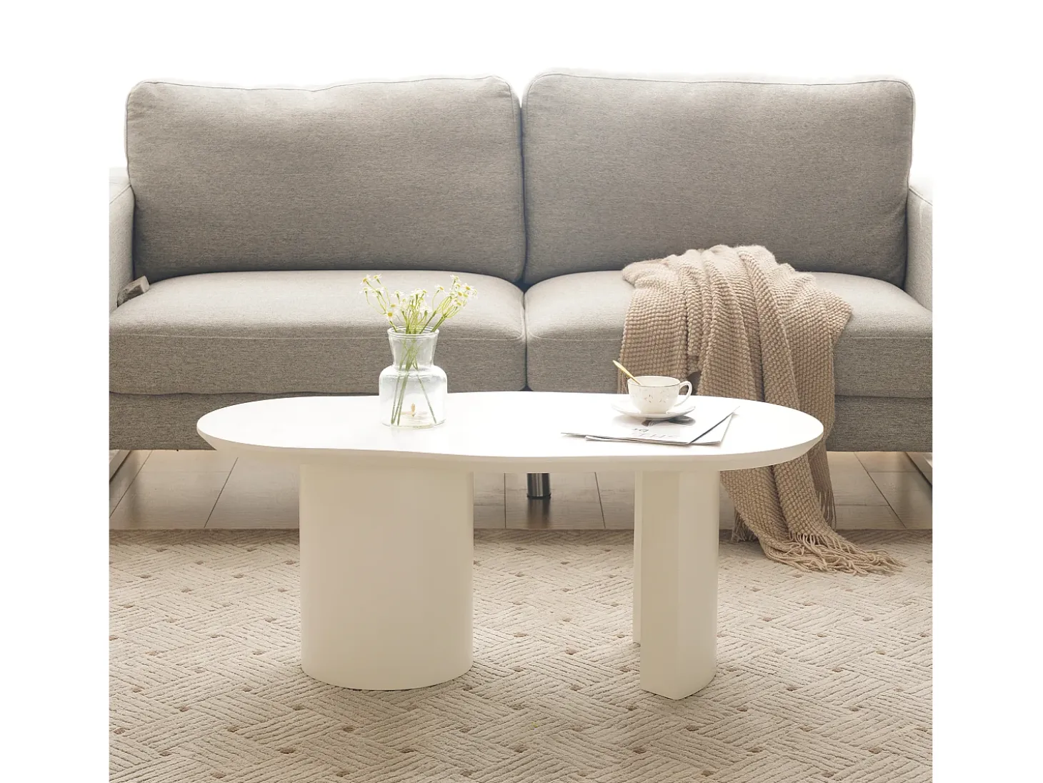 Mesa de centro irregular blanca de 100 cm con base cilíndrica estable, en MDF lacado