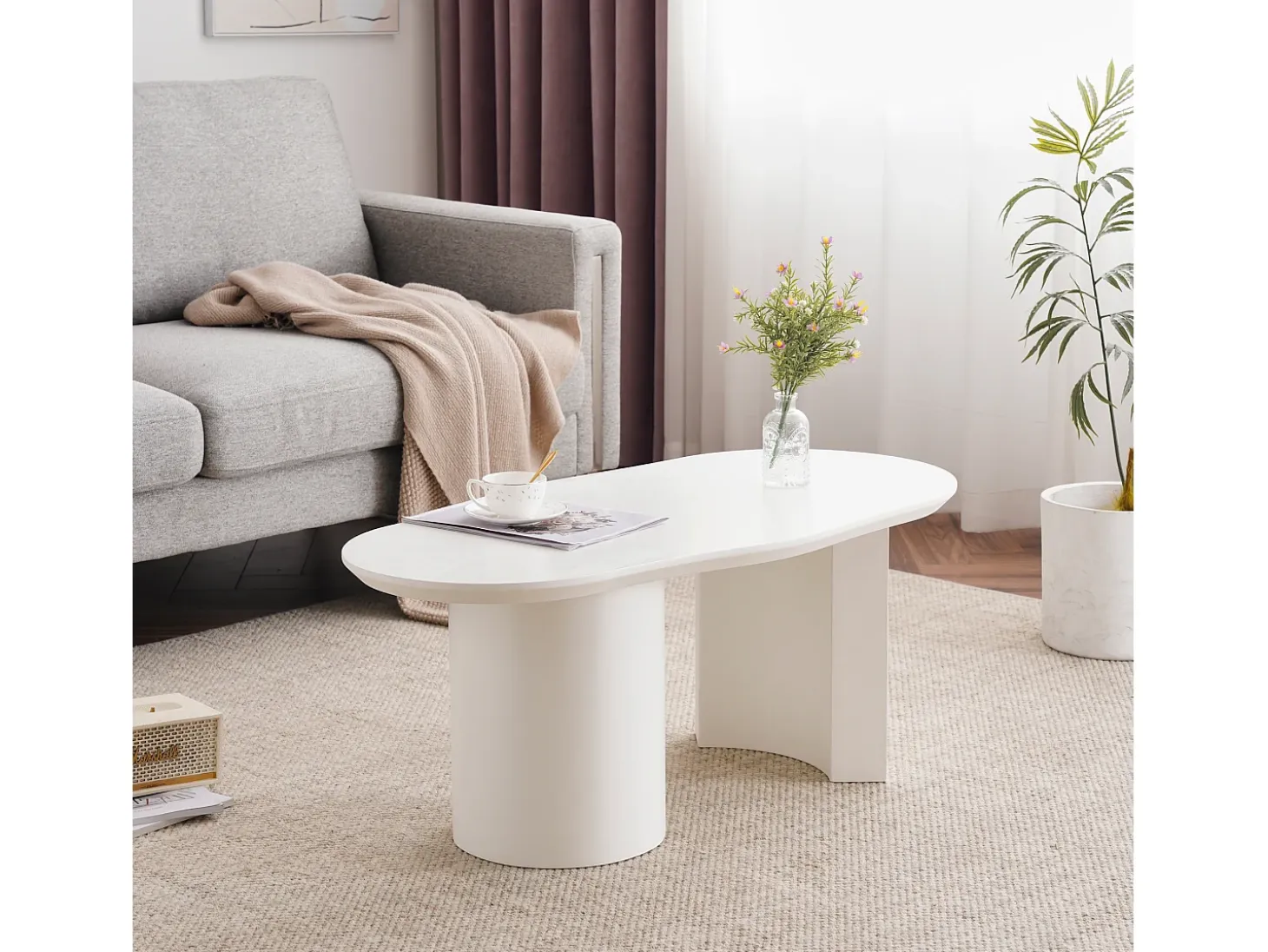 Mesa de centro irregular blanca de 100 cm con base cilíndrica estable, en MDF lacado