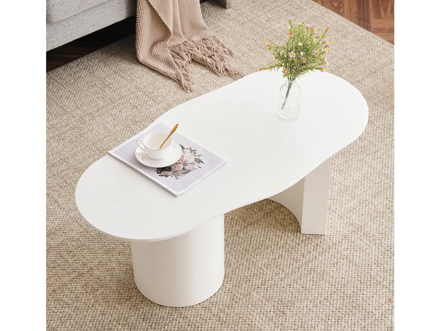 Mesa de centro irregular blanca de 100 cm con base cilíndrica estable, en MDF lacado