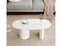 Mesa de centro irregular blanca de 100 cm con base cilíndrica estable, en MDF lacado