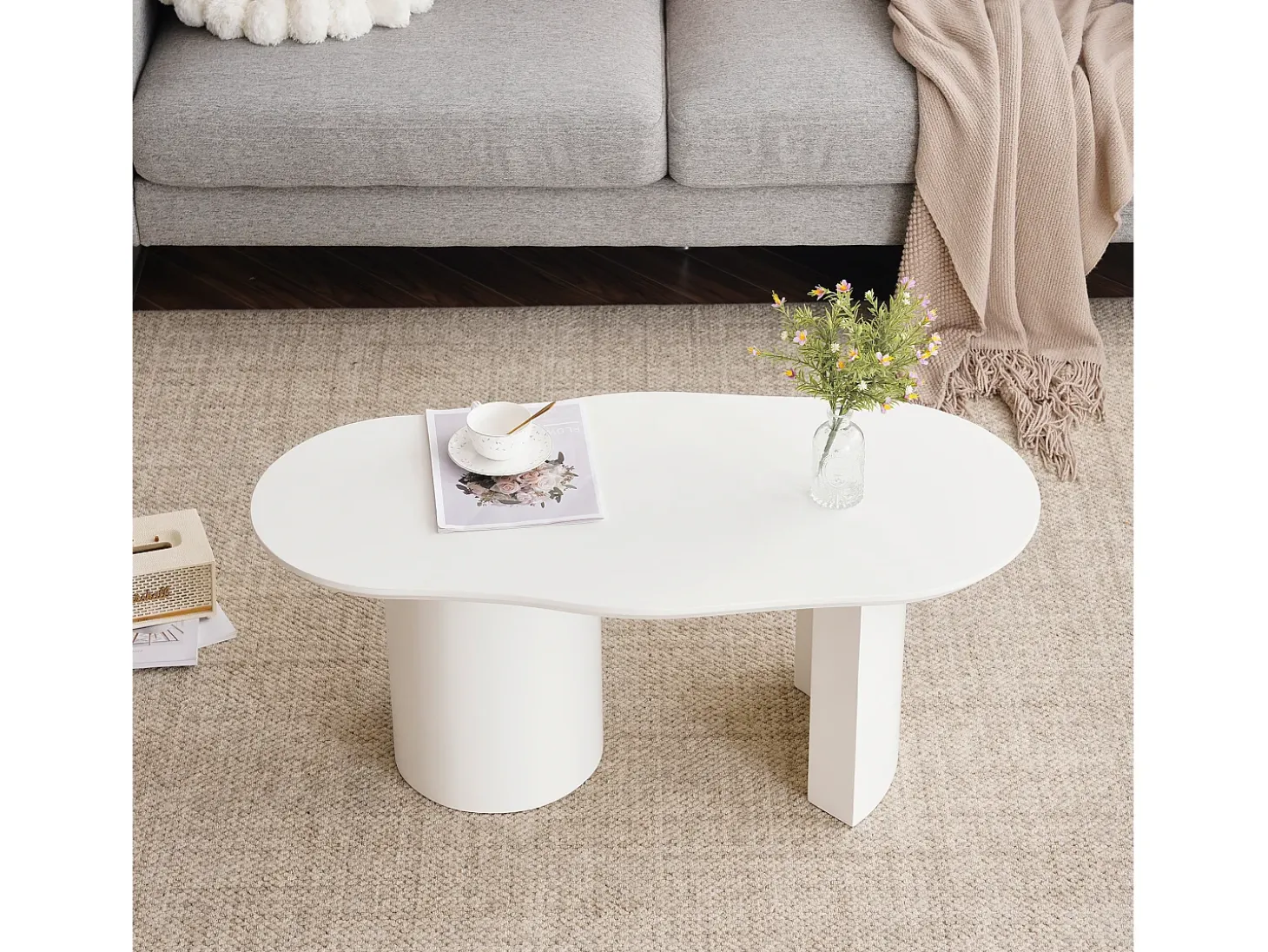 Mesa de centro irregular blanca de 100 cm con base cilíndrica estable, en MDF lacado