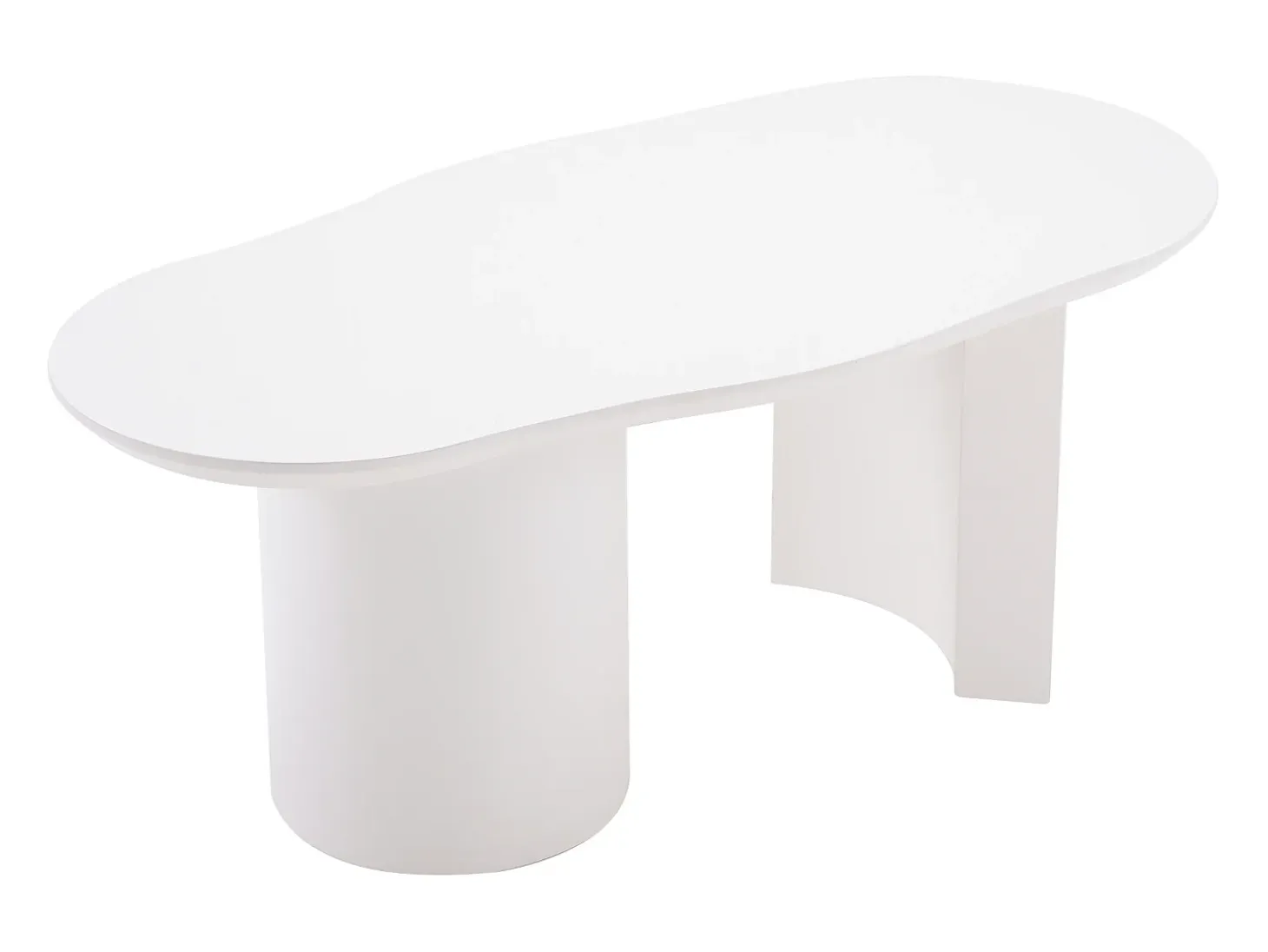 Mesa de centro irregular blanca de 100 cm con base cilíndrica estable, en MDF lacado