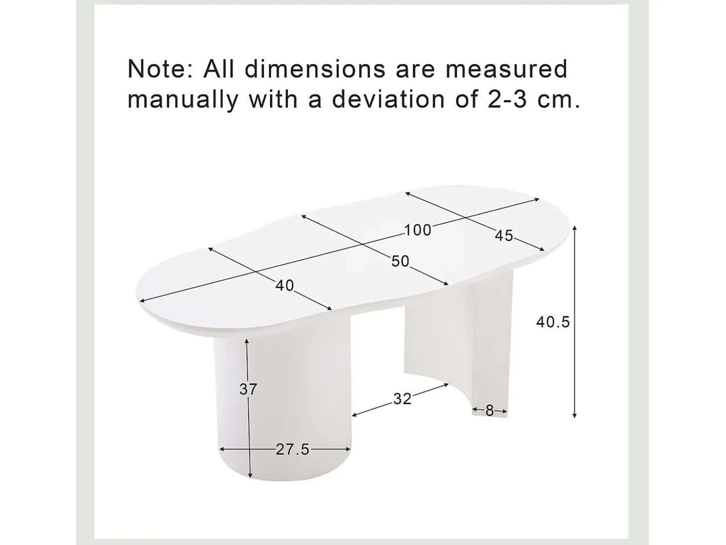 Mesa de centro irregular blanca de 100 cm con base cilíndrica estable, en MDF lacado