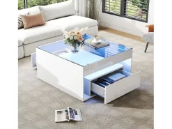 Mesa de centro lacada alto brillo - 70 x 70 x 35 cm - con 2 cajones + LED - tablero de cristal templado - MDF - blanco