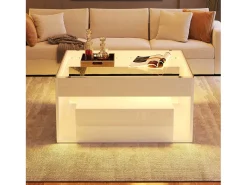 Mesa de centro lacada alto brillo - 70 x 70 x 35 cm - con 2 cajones + LED - tablero de cristal templado - MDF - blanco
