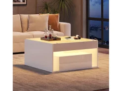 Mesa de centro lacada alto brillo - 70 x 70 x 35 cm - con 2 cajones + LED - tablero de cristal templado - MDF - blanco
