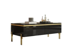Mesa de centro lacada brillante 100x50x36 cm - 2 cajones - Patas de metal - Tableros de partículas - Negro