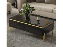 Mesa de centro lacada brillante 100x50x36 cm - 2 cajones - Patas de metal - Tableros de partículas - Negro