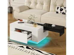 Mesa de centro lacada con iluminación LED, tablero extensible en blanco y negro, y espacio de almacenamiento oculto.