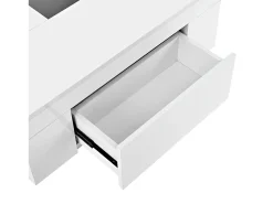 Mesa de centro lacada con iluminación LED, tablero extensible en blanco y negro, y espacio de almacenamiento oculto.