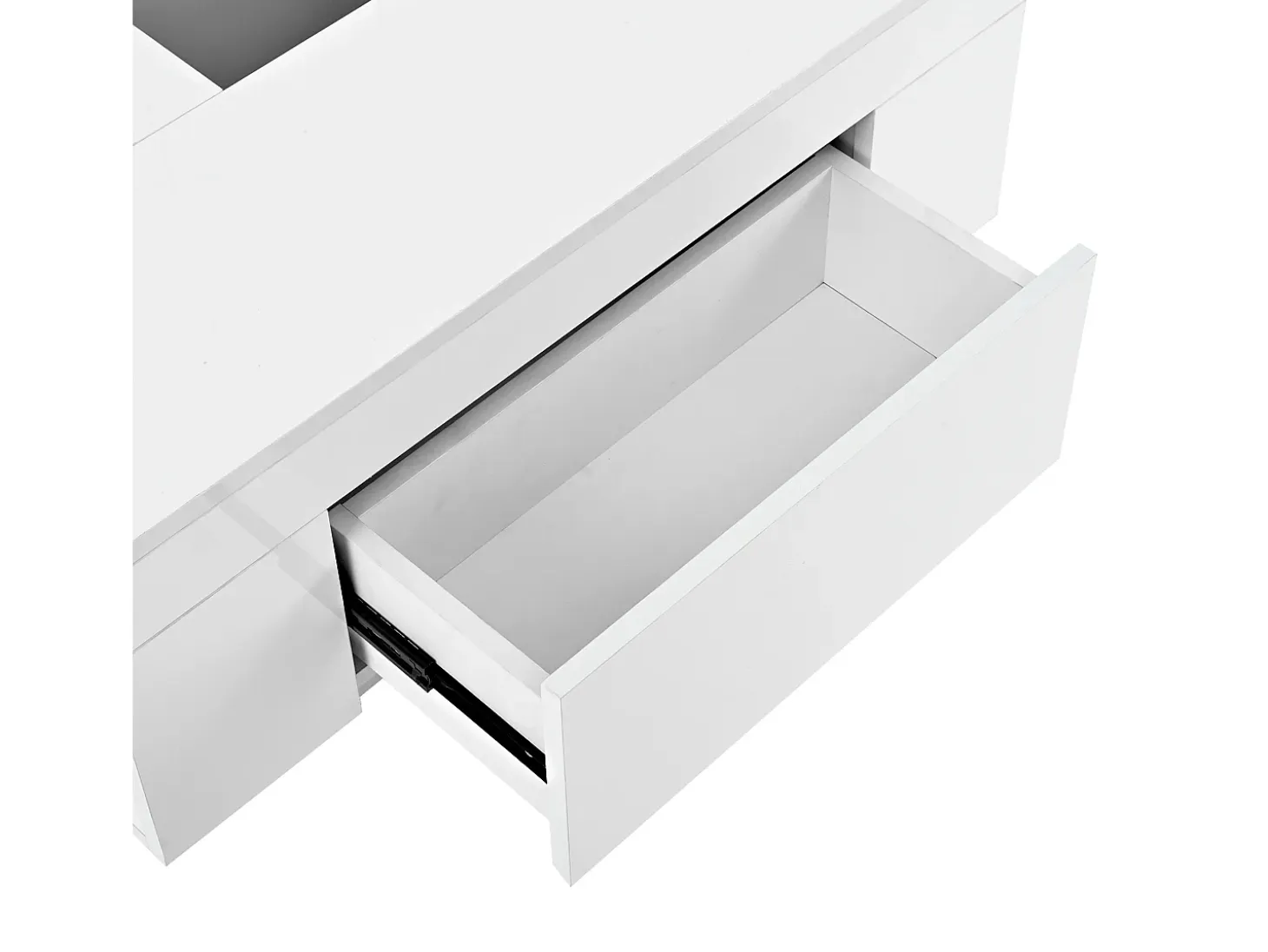Mesa de centro lacada con iluminación LED, tablero extensible en blanco y negro, y espacio de almacenamiento oculto.