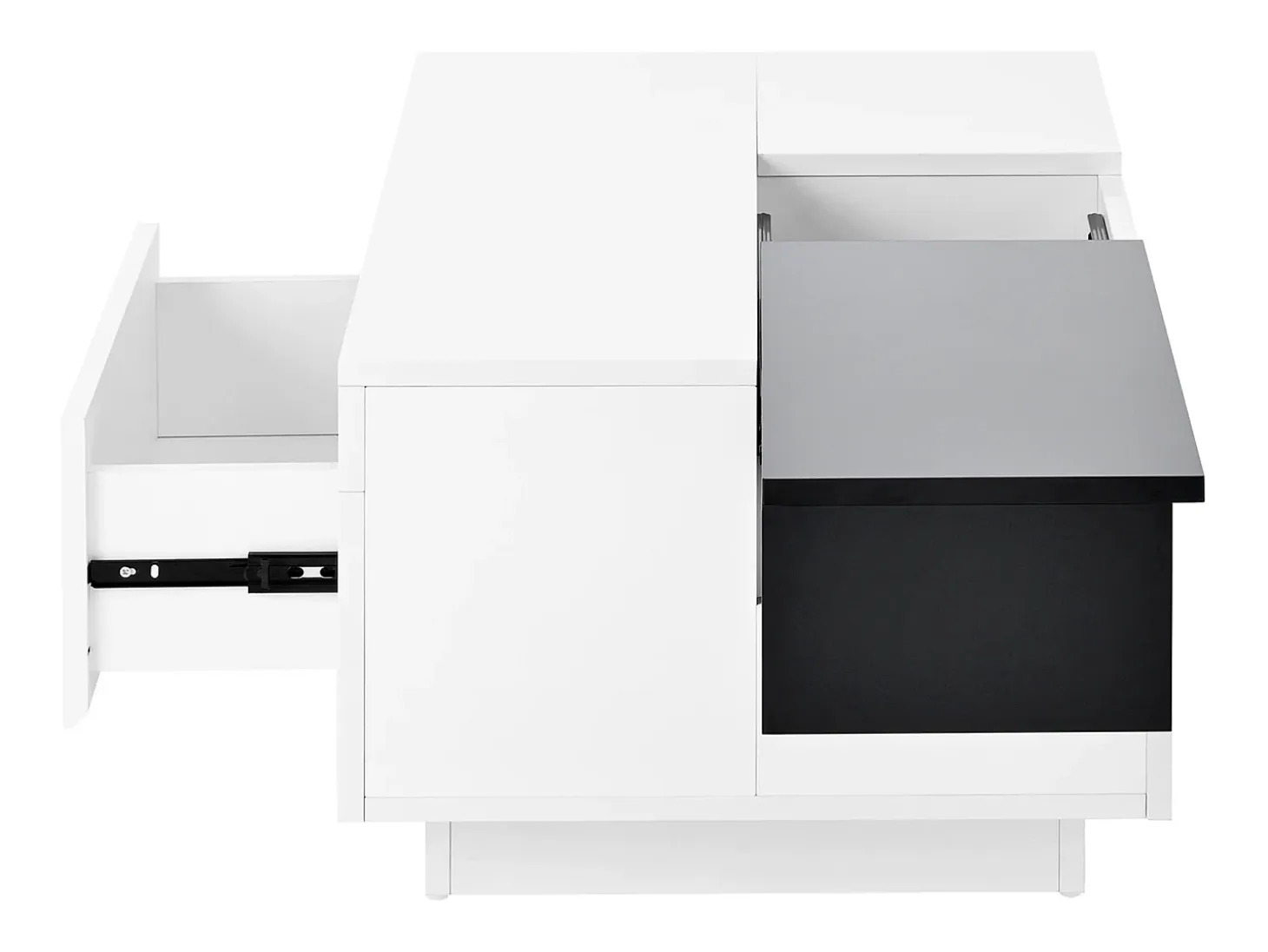 Mesa de centro lacada con iluminación LED, tablero extensible en blanco y negro, y espacio de almacenamiento oculto.