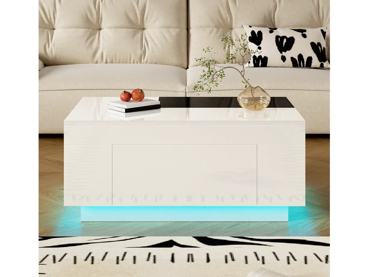 Mesa de centro lacada con iluminación LED, tablero extensible en blanco y negro, y espacio de almacenamiento oculto.