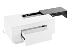 Mesa de centro lacada con iluminación LED, tablero extensible en blanco y negro, y espacio de almacenamiento oculto.