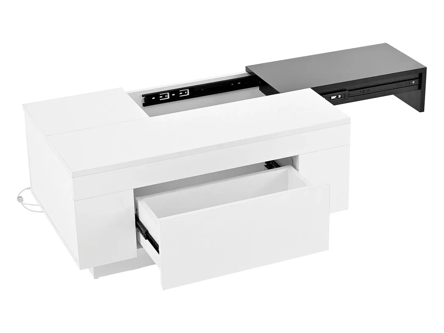 Mesa de centro lacada con iluminación LED, tablero extensible en blanco y negro, y espacio de almacenamiento oculto.