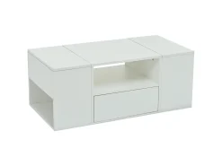 Mesa de centro lacada en alto brillo - 100 x 50 x 40 cm - con 1 cajón + LED + 6 compartimentos de almacenamiento - tablero de partículas - blanco