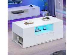 Mesa de centro lacada en alto brillo - 100 x 50 x 40 cm - con 1 cajón + LED + 6 compartimentos de almacenamiento - tablero de partículas - blanco