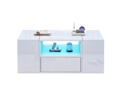 Mesa de centro lacada en alto brillo - 100 x 50 x 40 cm - con 1 cajón + LED + 6 compartimentos de almacenamiento - tablero de partículas - blanco