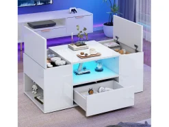 Mesa de centro lacada en alto brillo - 100 x 50 x 40 cm - con 1 cajón + LED + 6 compartimentos de almacenamiento - tablero de partículas - blanco