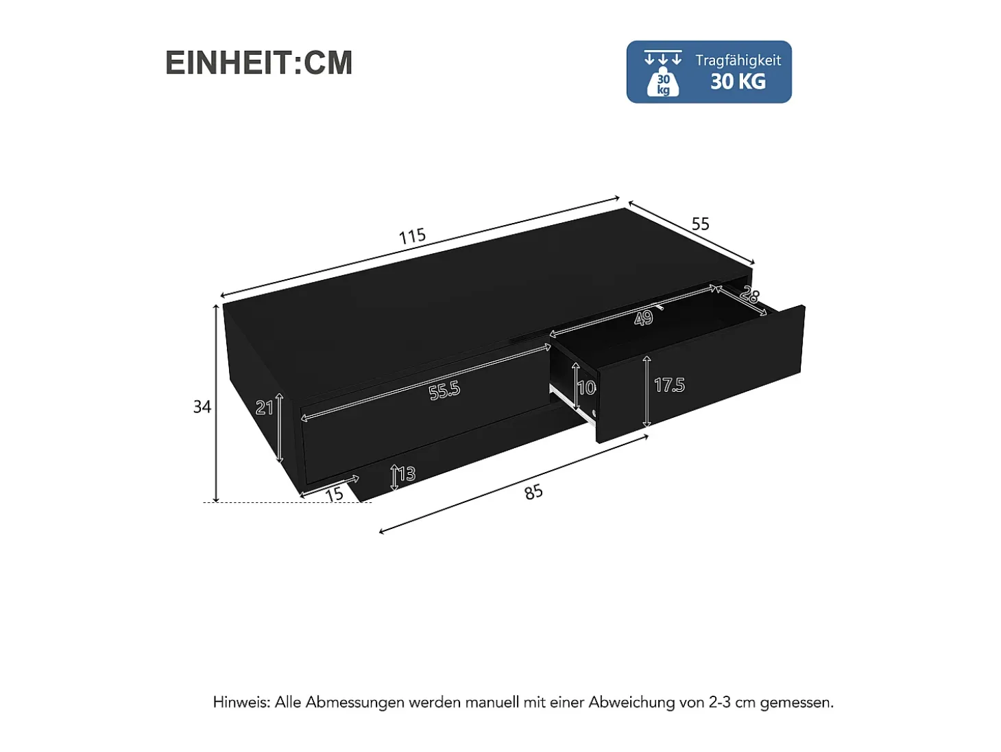 Mesa de centro LED con 2 cajones, diseño moderno, color negro, (115x55x34 cm)